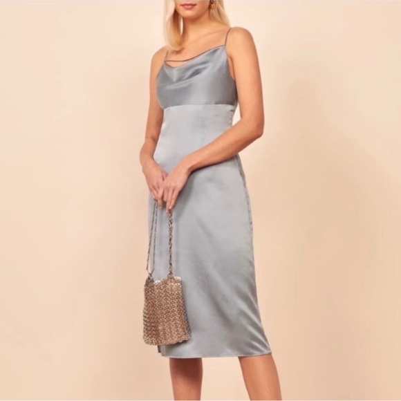 Reformation meta midi dress in almond champagne cream tan color cowl scoop neck - Picture 7 of 7